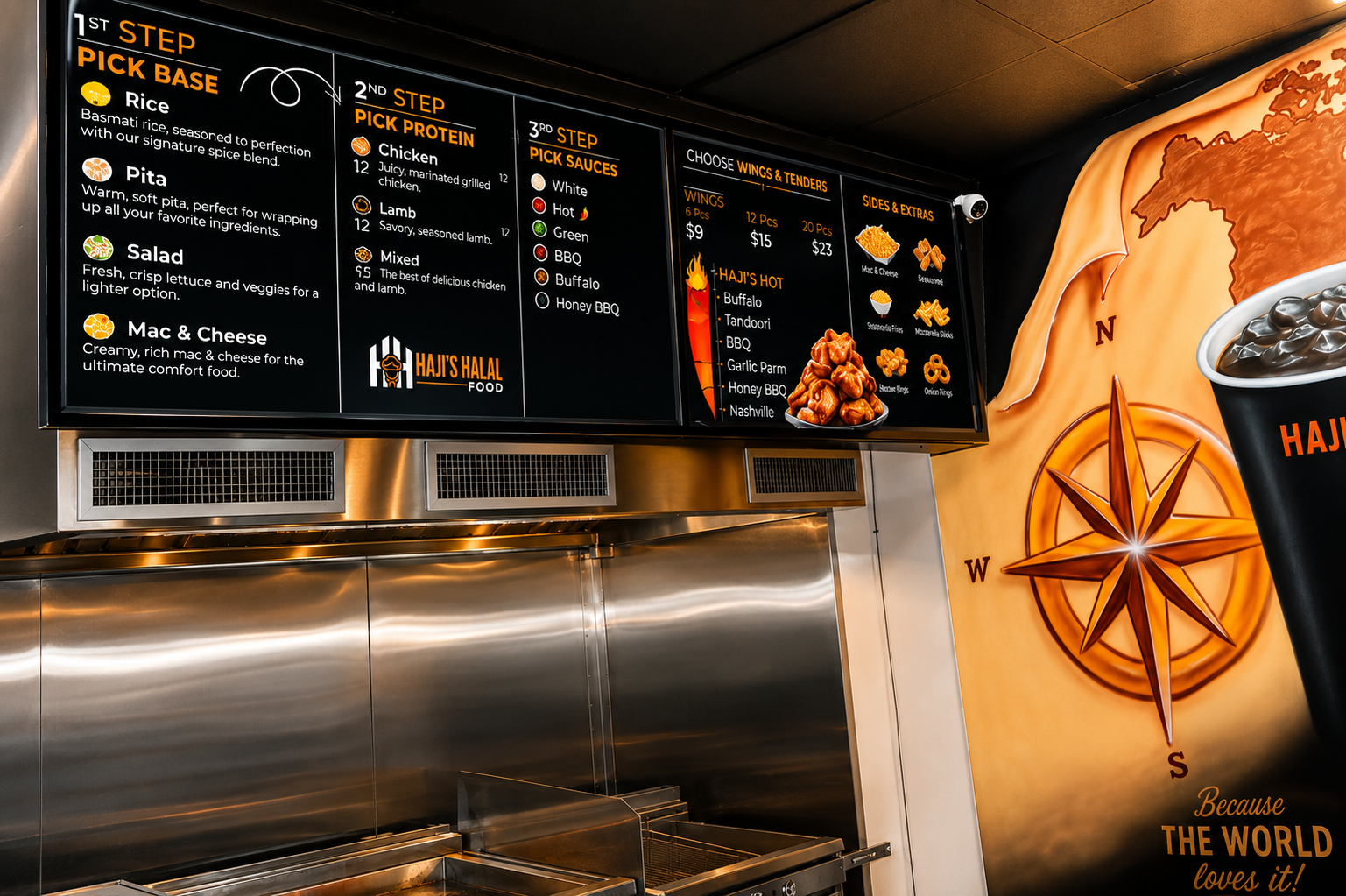 Haji's Halal in-store menu board — Pick Base, Pick Protein, Pick Sauces, Wings & Tenders