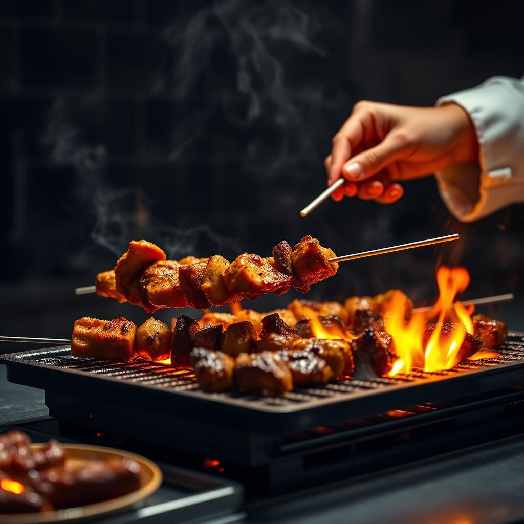Marinated halal proteins searing on the grill